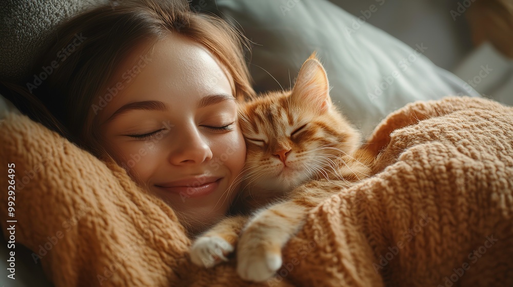 Smiling Woman Embarance Cute Kitten in Cozy Home Generative Ai Image Smiling Woman Embarance Cute Kitten in Cozy Home Generative Ai Image