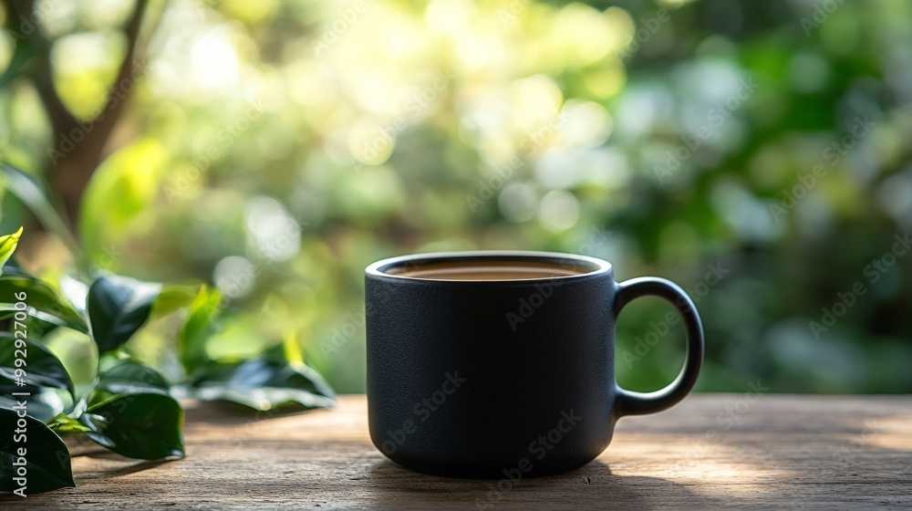 A black coffee mug sits on a rustic wooden table with a blurred background of green foliage and sunlight. A black coffee mug sits on a rustic wooden table with a blurred background of green foliage and sunlight.