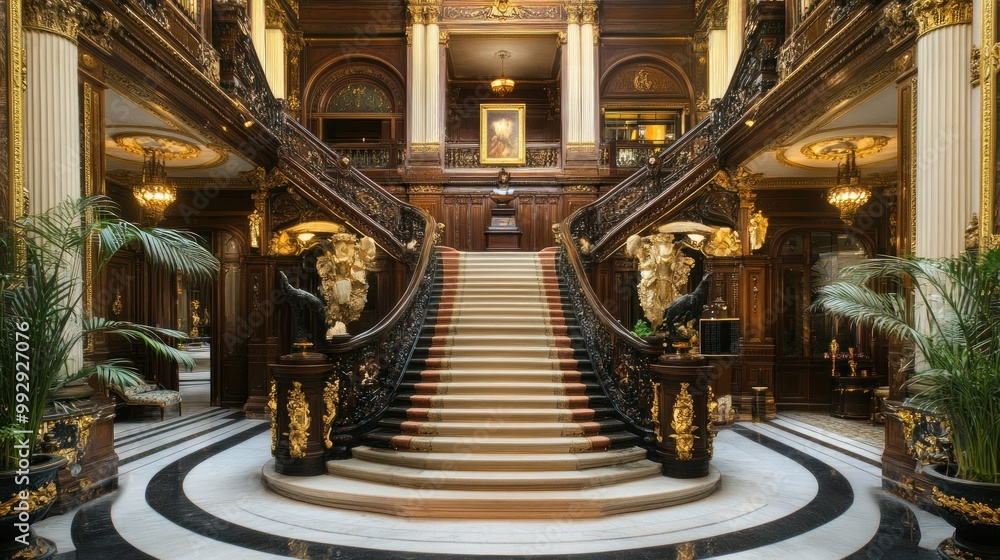 Elegant grand staircase in an opulent interior with rich woodwork and decorative details. Elegant grand staircase in an opulent interior with rich woodwork and decorative details.