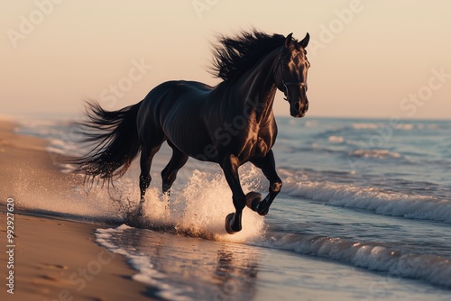 Black horse galloping freely along the beach at sunset, as the ocean waves gently break on the shore