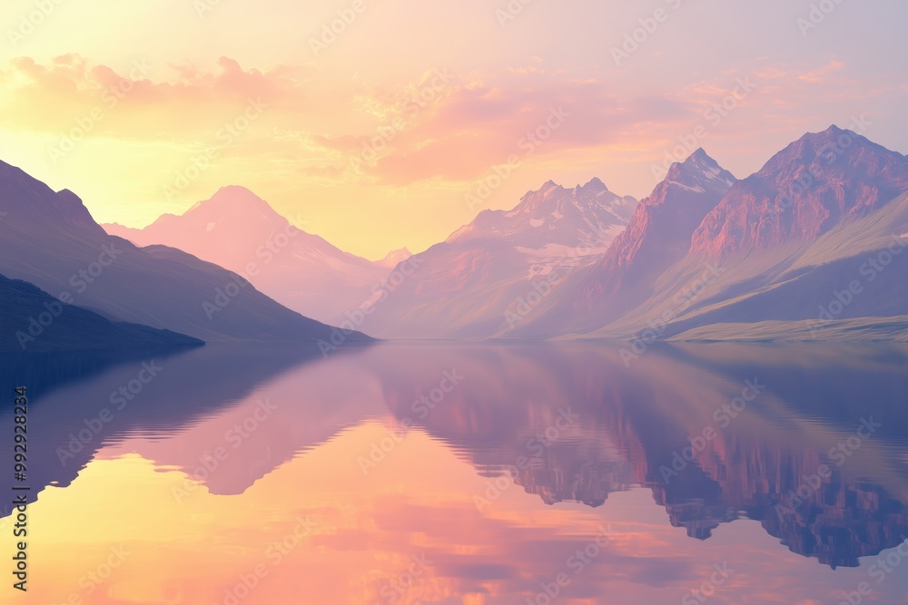 Obraz premium Peaceful sunrise over a clear mountain lake, the mountains and sky united in a mirror image of nature