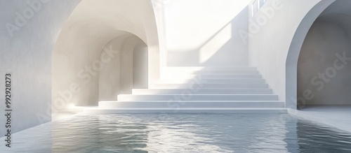 Minimalist mockup featuring white plaster walls stairs and water in a surreal softly lit room Ideal for showcasing product stands 3D rendering visualization