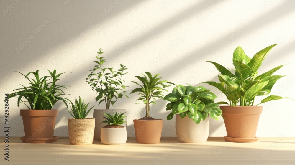 A collection of indoor plants in various pots arranged on a wooden surface. A collection of indoor plants in various pots arranged on a wooden surface.