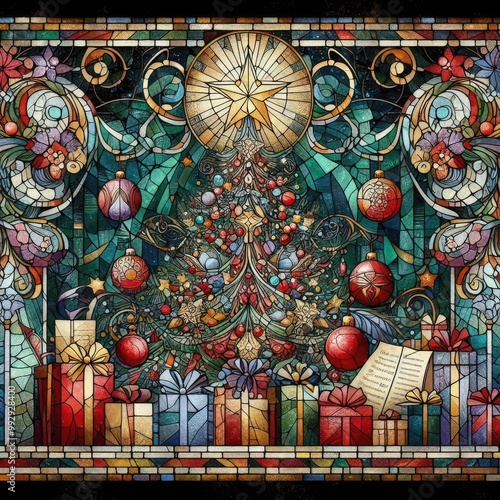 tained Glass Christmas Wonderland – Festive Tree and Gifts with Generative AI photo