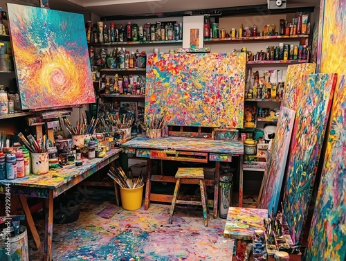 A lively art studio with colorful canvases