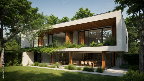 Modern Minimalist Home with Lush Greenery  A stunning contemporary house blends seamlessly with nature  showcasing a minimalist design with wood accents  expansive windows  and a verdant lawn.