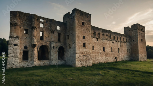 Ruined Castle at Sunset: A majestic stone castle stands as a testament to time, its crumbling walls and broken windows painting a poignant picture of history's passage.