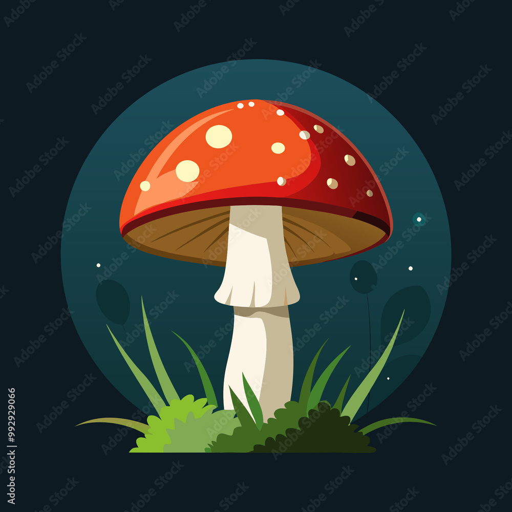 A vividly illustrated red fly agaric mushroom with white spots, set against a dark background, highlighting its whimsical beauty in nature. A vividly illustrated red fly agaric mushroom with white spots, set against a dark background, highlighting its whimsical beauty in nature.