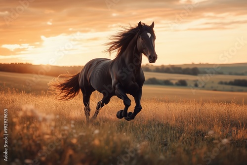 Breathtaking Friesian horse galloping at sunset, its glossy black coat reflecting the light