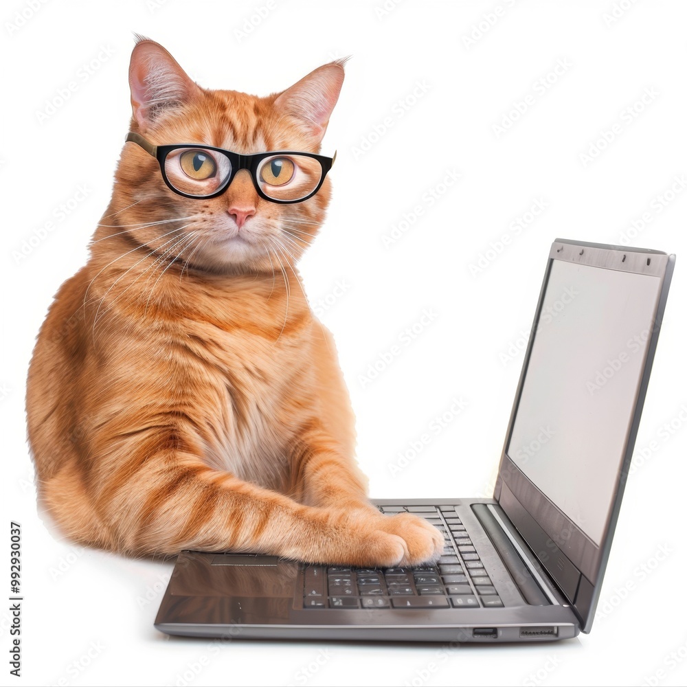 Ginger cat with glasses works at a laptop
Ginger cat with glasses works at a laptop