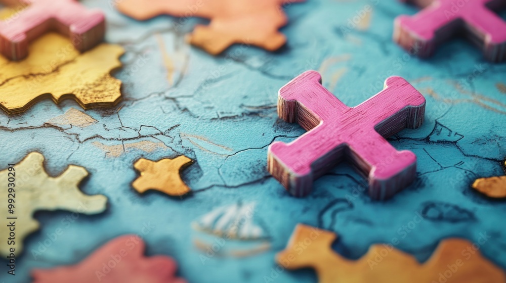 Colorful puzzle pieces scattered on a textured surface. Colorful puzzle pieces scattered on a textured surface.