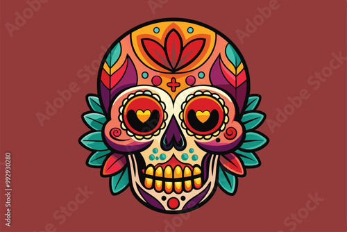 This striking illustration features a decorative skull adorned with colorful flowers and intricate patterns, Customizable Mexican skull illustration