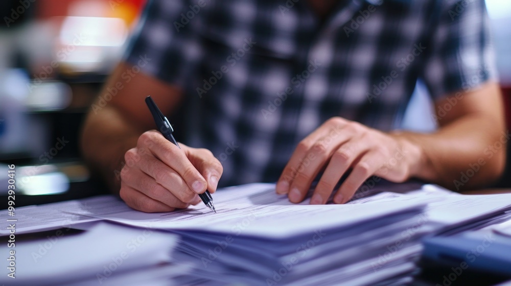 A person writing on documents with a pen, surrounded by piles of paperwork. A person writing on documents with a pen, surrounded by piles of paperwork.