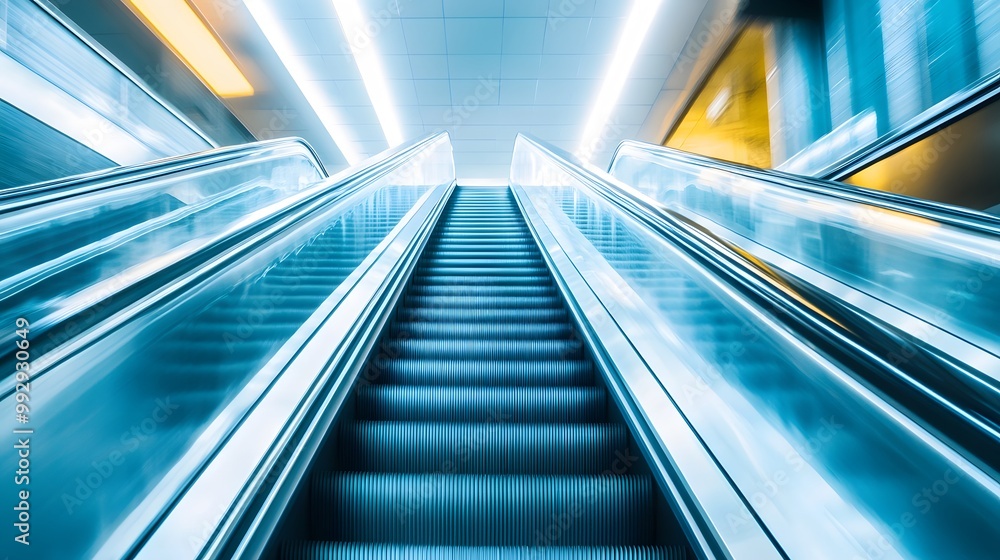 blurred background metro escalator / light blue background movement city infrastructure subway. blurred background metro escalator / light blue background movement city infrastructure subway.