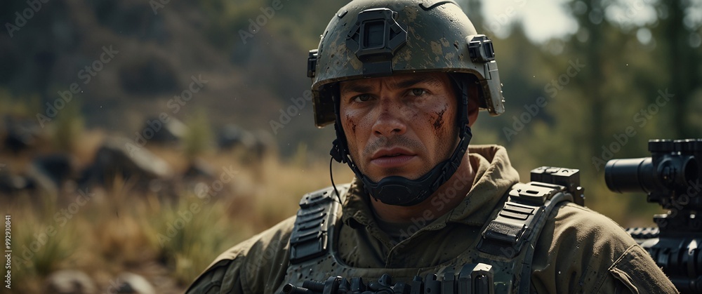 A cyborg soldier fighting in a warzone movie story seen trail cam footage, rear view, wide angle shot, a striking contrast against the soft, blurred background
A cyborg soldier fighting in a warzone movie story seen trail cam footage, rear view, wide angle shot, a striking contrast against the soft, blurred background