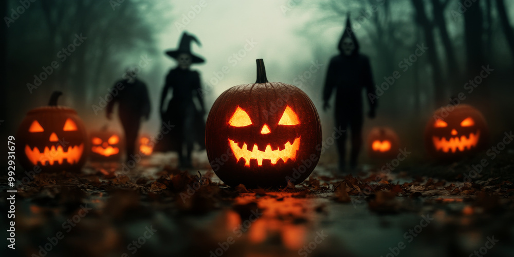 Children in Halloween Costumes Amid Pumpkins and Autumn Leaves Children in Halloween Costumes Amid Pumpkins and Autumn Leaves
