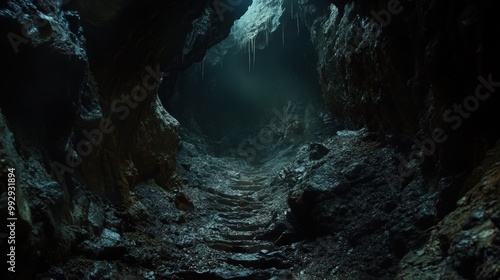 Narrow, Winding Cave Tunnel with Sharp Rocks and Jagged Edges, Illuminated by Glowing Minerals Embedded in the Walls