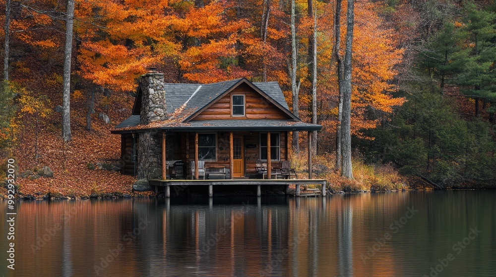 Fototapeta premium Cozy lakeside cabin surrounded by autumn foliage with a peaceful, reflective water view
