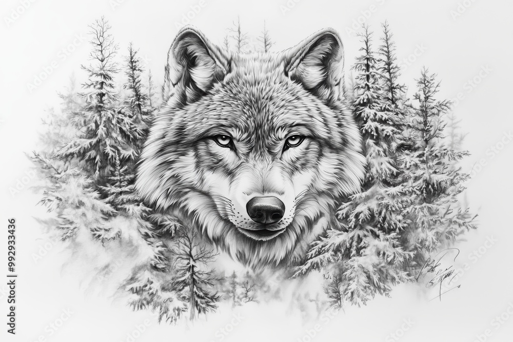 Obraz premium Realistic wolf head tattoo, surrounded by a snowy forest landscape, perfect for the upper arm or chest