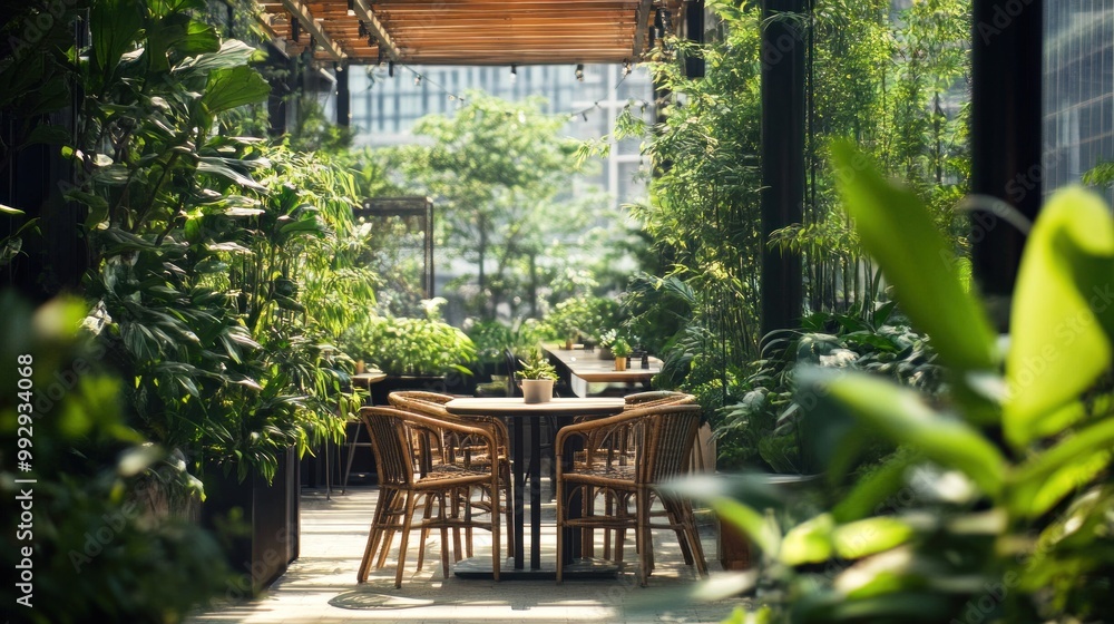 A serene outdoor dining area surrounded by lush greenery and natural light. A serene outdoor dining area surrounded by lush greenery and natural light.