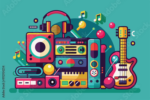 A lively depiction of various musical instruments and sound elements, filled with vibrant colors and shapes, Customizable music illustration that is disproportionate.