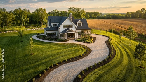 Birds_Eye View of a Suburban Farmhouse Generative Ai Image