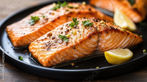 Grilled salmon fillets on plate. Perfect for a recipe or food blog, showcasing the deliciousness of this protein. photo