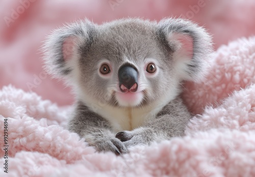 The cutest little koala you have ever seen, beautiful eyes, a cute nose, fluffy ears, pink blanket photo