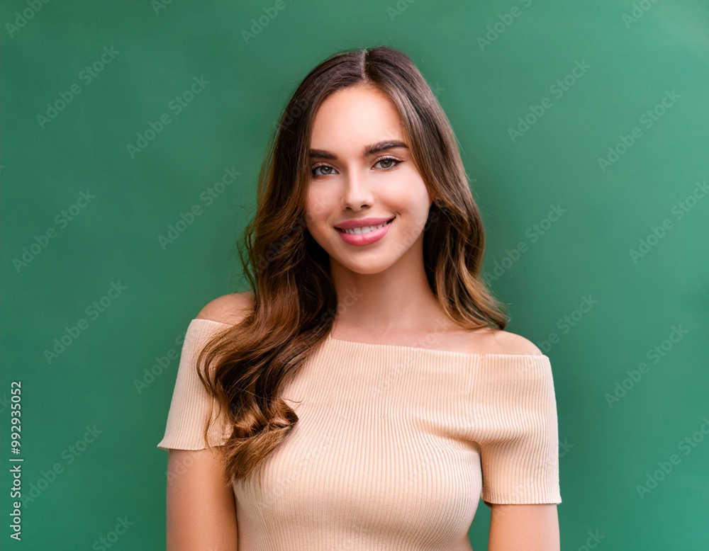Confident young pretty woman with long brown hair wearing a cream colored top smiling happy subtly on green background Confident young pretty woman with long brown hair wearing a cream colored top smiling happy subtly on green background