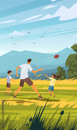 Family playing frisbee in open field with mountains background vibrant colors birds in sky father and children enjoying outdoor activity summer landscape