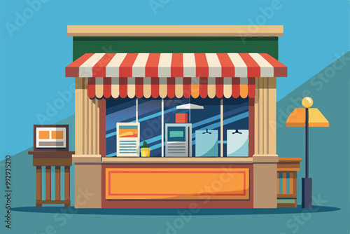 Vibrant newsstand with striped awning displaying various printed materials on a sunny day in the city, Customizable newsstand illustration is disproportionate.