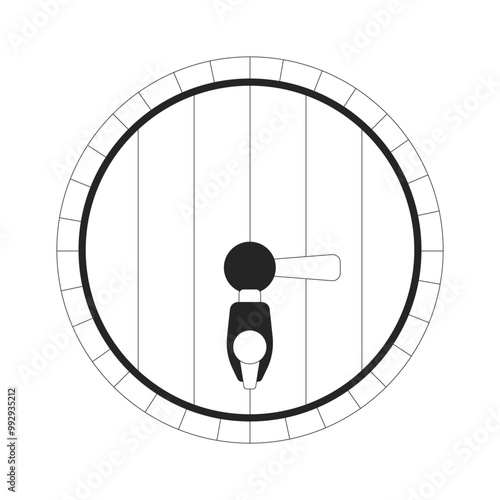 Old liquor barrel with tap black and white 2D line object. Wine container. Wooden cask for expensive alcohol drinks storing isolated clip art vector outline item. Monochromatic spot illustration