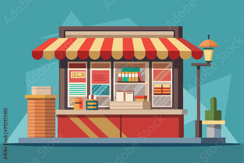 A vibrant newsstand with a striped awning offers various publications and snacks for passersby, Customizable newsstand illustration is disproportionate.