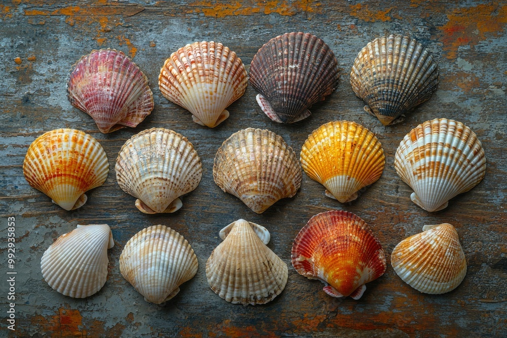 A Collection of Scallop Shells on Weathered Wood A Collection of Scallop Shells on Weathered Wood