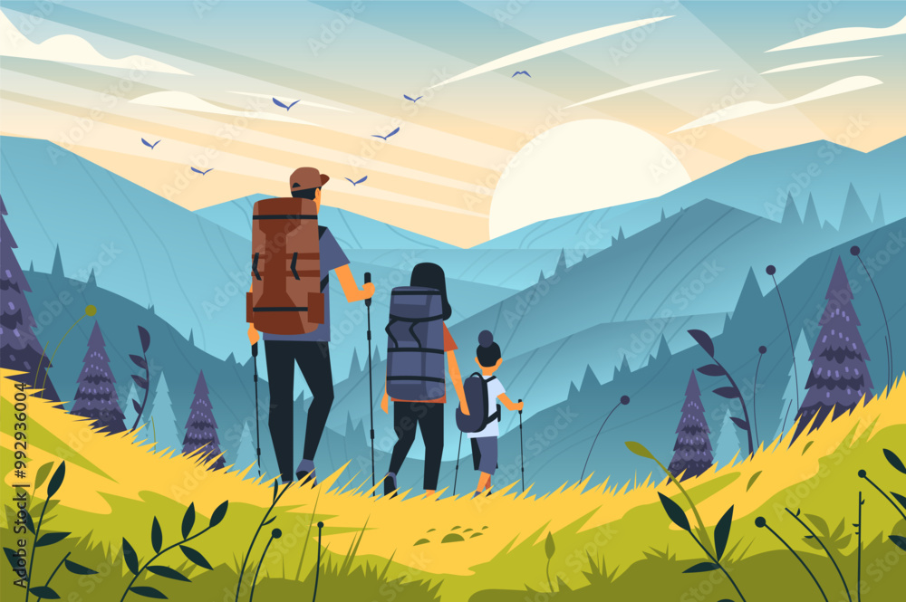 Family hiking mountain trail at sunrise scenic nature landscape ...