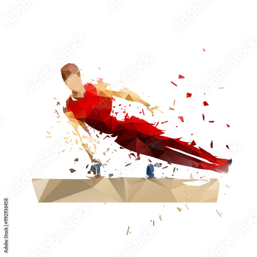 Gymnastics, male gymnast performs flairs on pommel horse. Isolated low poly vector illustration. geometric drawing