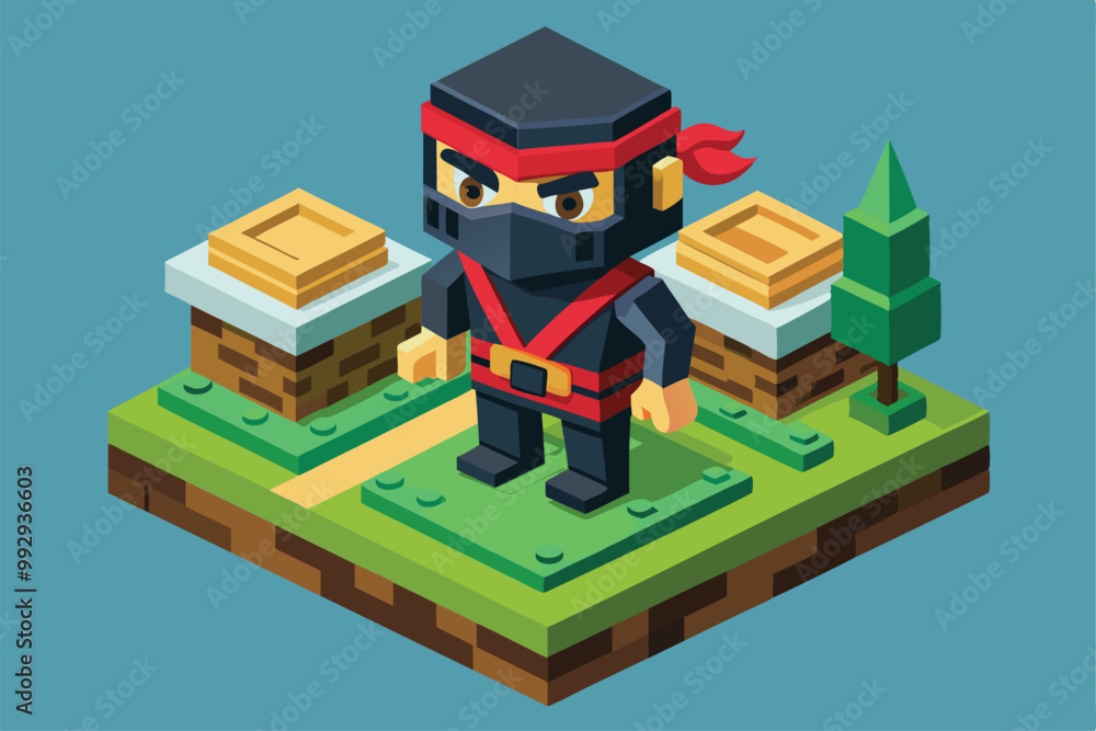 A customizable ninja character is poised on a lively isometric landscape, surrounded by greenery and obstacles, Customizable Ninja Isometric Illustration A customizable ninja character is poised on a lively isometric landscape, surrounded by greenery and obstacles, Customizable Ninja Isometric Illustration