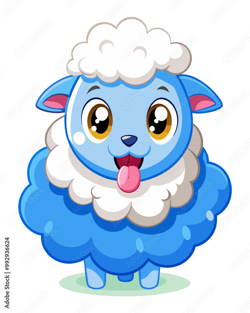 Obraz premium Cute cartoon sheep, fluffy white wool, big blue eyes, playful expression, lamb sitting on top of another sheep