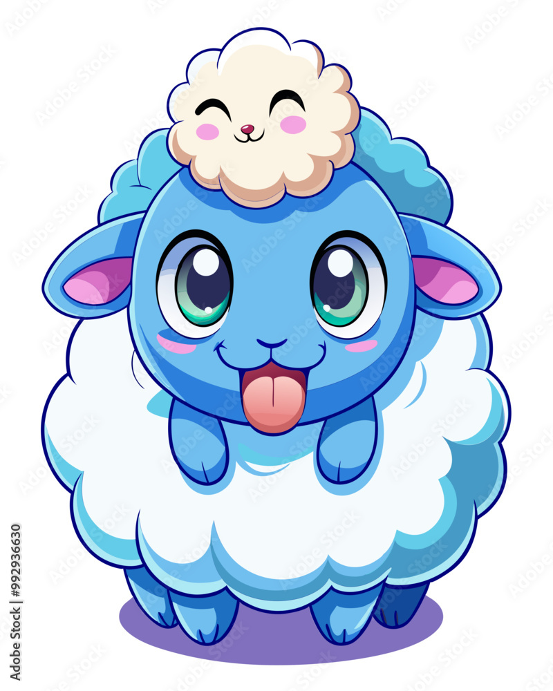 Cute cartoon sheep, fluffy white wool, big blue eyes, playful expression, lamb sitting on top of another sheep Cute cartoon sheep, fluffy white wool, big blue eyes, playful expression, lamb sitting on top of another sheep