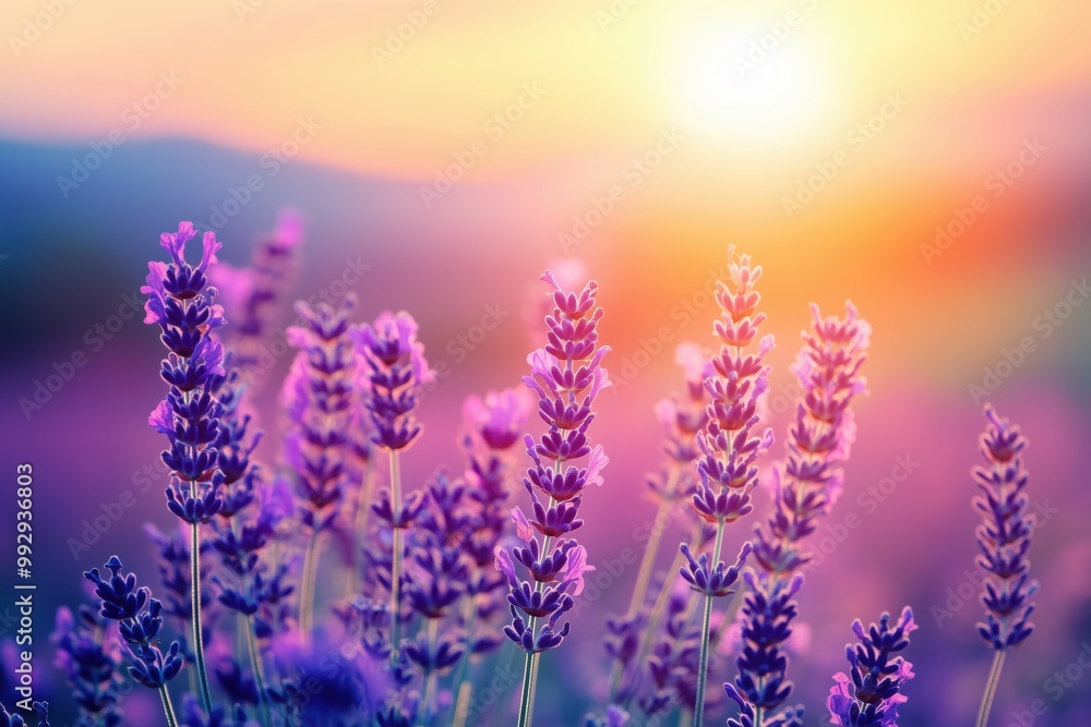 Lavender field at sunset, the vibrant purple flowers harmonize with the pastel-colored sky Lavender field at sunset, the vibrant purple flowers harmonize with the pastel-colored sky