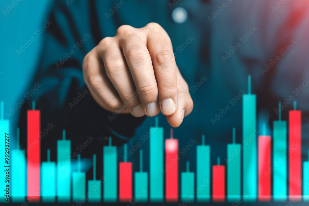 Hand Reaching for a Rising Red Bar on a Financial Graph Hand Reaching for a Rising Red Bar on a Financial Graph