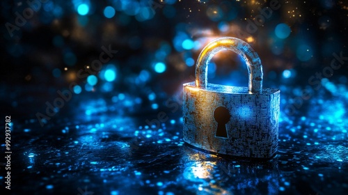 an illuminated padlock on a taxtured blue background representing digital security concept generative ai  photo