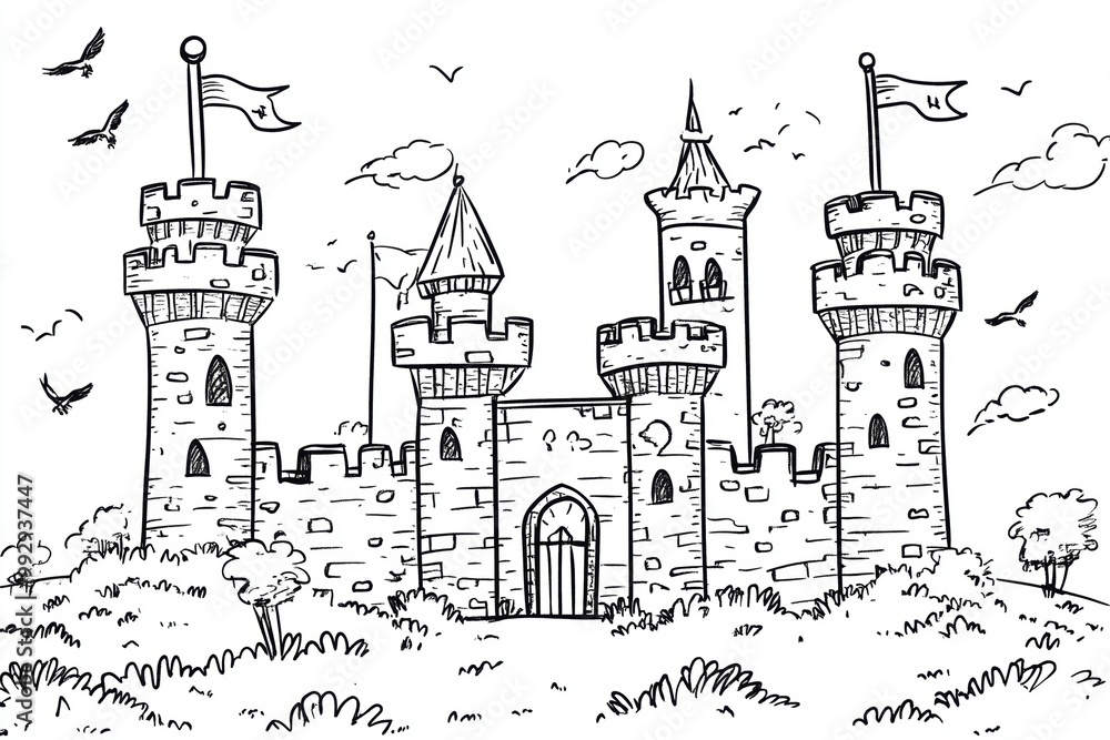 Fototapeta premium Fairytale castle on a hill, with flags flying and birds in the sky, ideal for kids