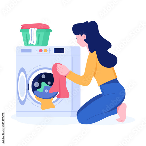 Woman washing clothes in machine, flat illustration 
