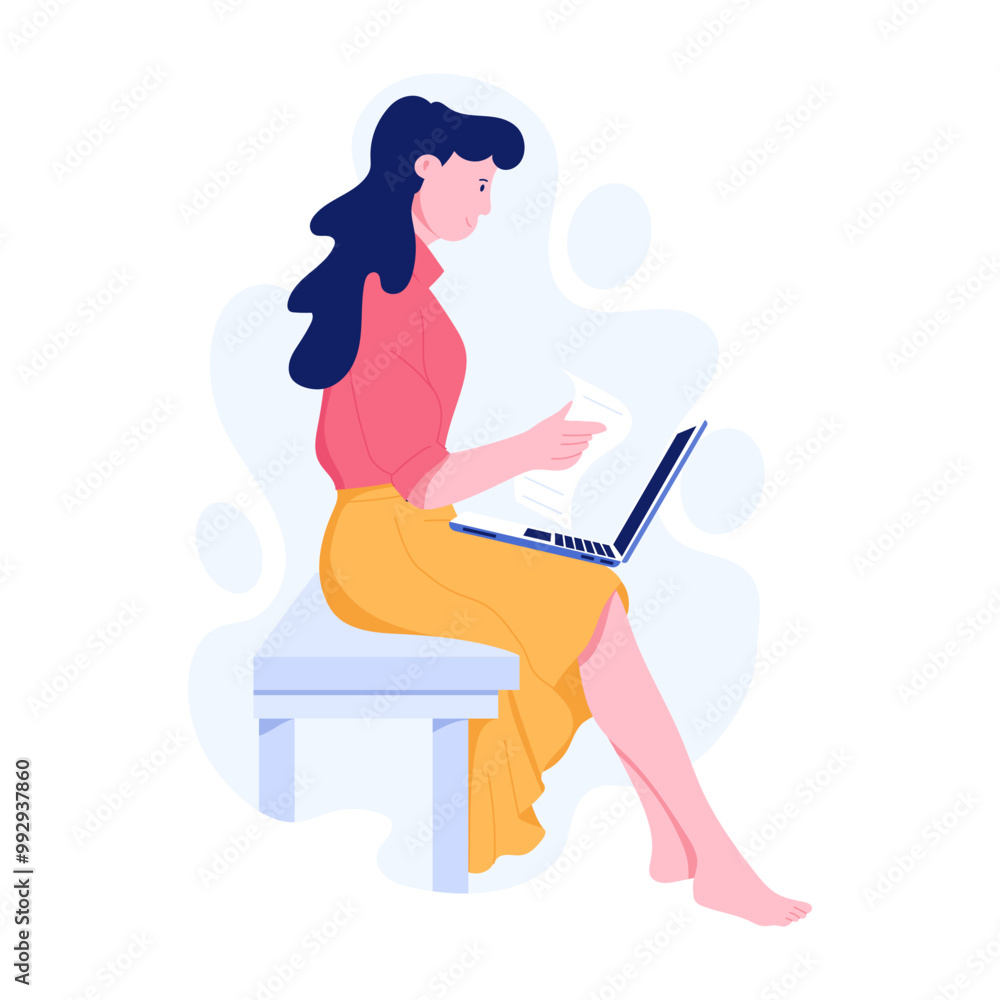 Woman doing remote work on laptop flat illustration Woman doing remote work on laptop flat illustration