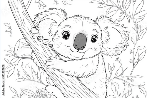 A cute koala hugging a tree branch, surrounded by leaves and flowers, perfect for kids to color