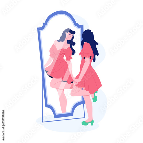 Girl esteeming in front of mirror, flat illustration 