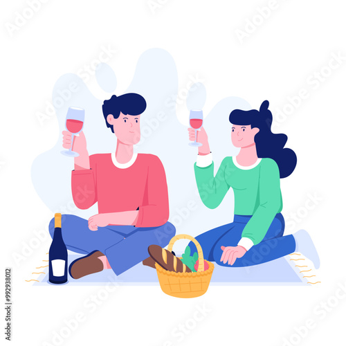 Couple enjoying picnic flat character illustration 