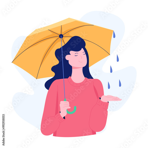 Girl enjoying rain with umbrella, flat illustration 