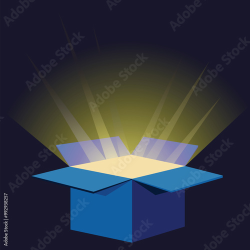 Magic open box from which light streams. Vector illustration